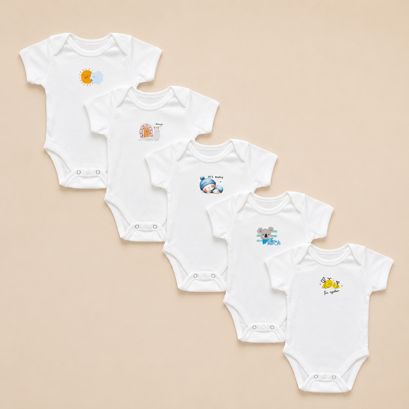 5 piece set Baby BodySuits, White and Colorfull.