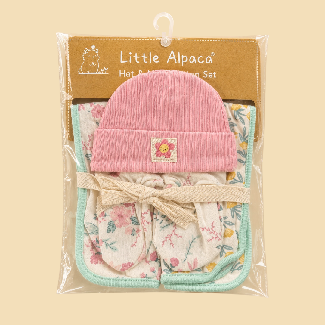 Baby Hat, Mitten and 2 burp clothes Gift set