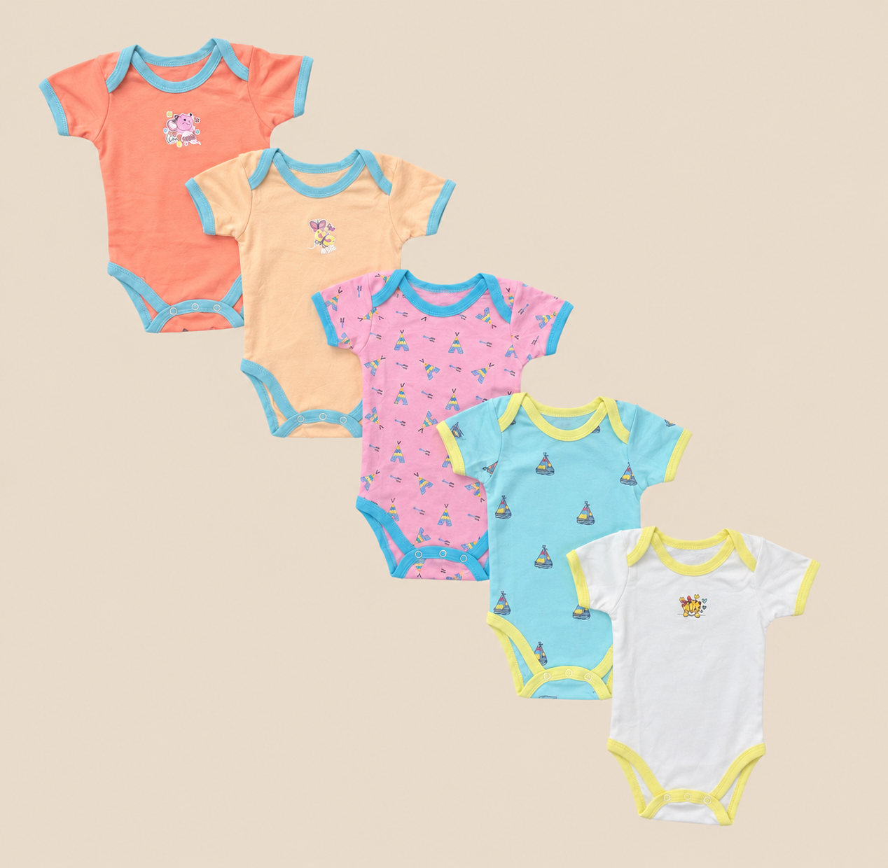 5 piece set Baby BodySuits, White and Colorfull.