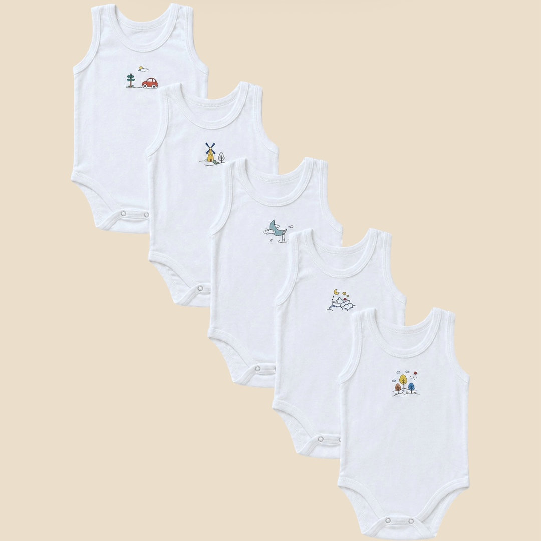 5 piece set Baby BodySuits, White and Colorfull.