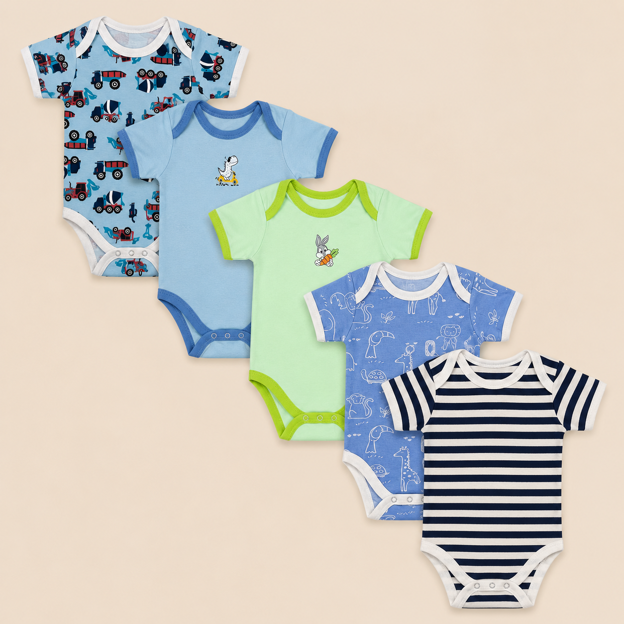 5 piece set Baby BodySuits, White and Colorfull.